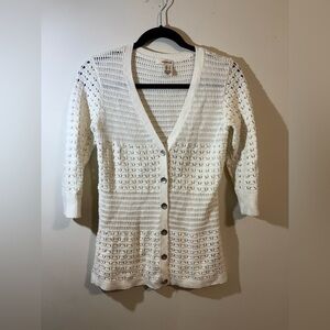 DKNY JEANS Cardigan Women's Small Ivory 3/4 Sleeve Button Up Open Front sweater‎